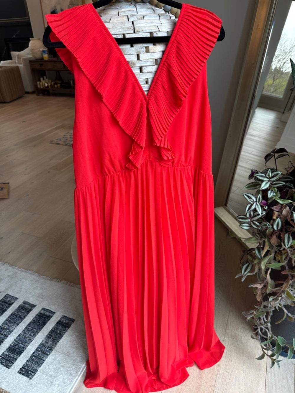MELLODAY Bright Red Pleated V-Neck Maxi Dress